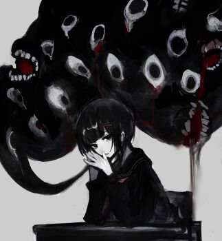 Rule 34 | 1girl, absurdres, black eyes, black sailor collar, black serafuku, black shirt, blood, chuhaibane, desk, hair ornament, hairclip, highres, long sleeves, looking at viewer, monster, original, own hands together, pale skin, sailor collar, school desk, school uniform, serafuku, shirt, short hair, simple background, solo, steepled fingers, too many eyes, upper body, white background