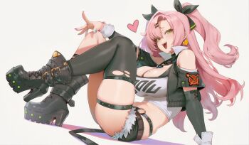 Rule 34 | 1girl, absurdres, blush, boots, breasts, cleavage, detached sleeves, earrings, female focus, full body, green eyes, heart, high heel boots, high heels, highres, jewelry, large breasts, long hair, looking at viewer, mole, mole on breast, mole under eye, nail polish, nicole demara, pink hair, reikarts, single thighhigh, sitting, skindentation, solo, thigh strap, thighhighs, torn clothes, torn thighhighs, zenless zone zero