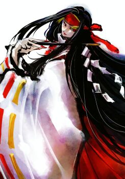 Rule 34 | black hair, demon girl, final boss, headband, japanese clothes, miko, priestess, rashoujin mizuki, red headband, samurai spirits, sleeves past wrists, snk