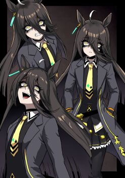 Rule 34 | 1girl, absurdres, ahoge, animal ears, black coat, black hair, black pantyhose, black skirt, clenched teeth, coat, collared shirt, commentary request, ear tag, earrings, hair between eyes, hands in pockets, highres, horse ears, horse girl, jewelry, long bangs, long hair, long hair between eyes, long sleeves, looking at viewer, manhattan cafe (creeping black) (umamusume), manhattan cafe (umamusume), multicolored hair, nagai negi, necktie, open mouth, pantyhose, parted lips, shaded face, shirt, single earring, skirt, smile, teeth, umamusume, very long hair, white hair, yellow eyes, yellow necktie