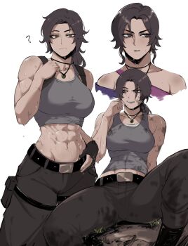 ? absurdres belt belt_buckle biceps breasts brown_hair buckle crop_top dirty dirty_clothes dirty_face highres jewelry lara_croft large_breasts looking_at_viewer masoq midriff muscular muscular_female navel necklace simple_background sitting stomach sweat tank_top tomb_raider tomb_raider:_the_legend_of_lara_croft undershirt