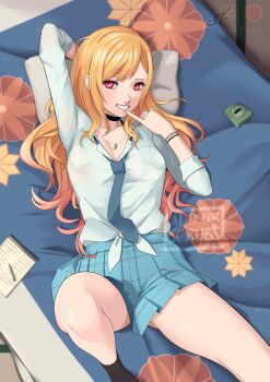 1girl arm_up artist_name bare_legs black_choker black_socks blonde_hair blue_necktie blue_sky bracelet breasts choker cleavage collarbone collared_shirt commentary earrings eightyfourart eyelashes feet_out_of_frame finger_to_mouth from_above gluteal_fold gradient_hair highres indoors jewelry kitagawa_marin knee_up long_sleeves looking_at_viewer lying medium_breasts miniskirt multicolored_hair necklace necktie on_back on_bed pencil pink_eyes plaid_clothes plaid_skirt pleated_skirt ring school_uniform shirt sidelocks skirt sky socks solo sono_bisque_doll_wa_koi_wo_suru thighs tied_shirt watermark web_address white_shirt