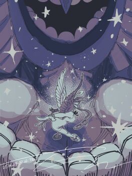 1girl absurdres commentary_request dress evil_smile full_body giant greyscale headphones highres monochrome neck_ribbon one_piece one_piece_film:_red outstretched_arms ribbon round_teeth sleeveless sleeveless_dress smile sparkle tagawa_jiro teeth tot_musica twintails uta_(one_piece) wings