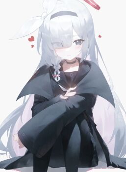 1girl :/ black_choker black_coat black_eyes black_hairband black_pantyhose black_sailor_collar black_serafuku blue_archive blush braid choker coat colored_inner_hair commentary_request hair_over_one_eye hairband halo heart highres hugging_own_legs long_hair long_sleeves looking_at_viewer multicolored_hair neckerchief pantyhose pink_hair plana_(blue_archive) red_halo red_pupils ribbon sailor_collar school_uniform serafuku single_braid sitting sla2h_help solo very_long_hair white_hair white_neckerchief white_ribbon