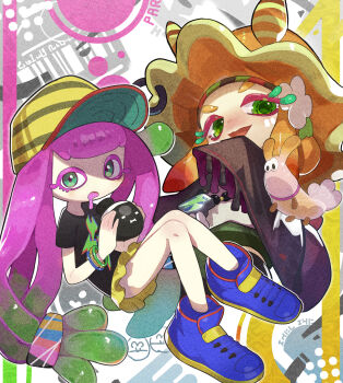 2girls :o absurdres animal baseball_cap black_hat black_shirt blue_hair blue_shoes bracelet colored_eyelashes commentary_request craymond_(splatoon) drooling film_grain fish flow_(splatoon) full_body gradient_hair green_eyes green_hair hair_ornament hair_scrunchie harmony&#039;s_clownfish_(splatoon) harmony_(splatoon) hat high_tops highres holding holding_animal holding_fish jewelry long_eyelashes long_hair looking_at_viewer low-tied_long_hair medium_hair miniskirt mouth_drool multicolored_hair multicolored_hat multicolored_scrunchie multiple_girls nintendo no_nose open_mouth orange_hair orange_hat pink_hair purple_pupils scrunchie sea_slug_girl shirt shoes short_sleeves skirt smile sneakers splatoon_(series) splatoon_3 striped_hat t-shirt tatedano_kabae tentacle_hair two-sided_fabric two-sided_headwear very_long_hair yellow_hat yellow_skirt