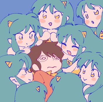 1boy 6+girls @_@ animal_print aqua_hair blush_stickers brown_hair commentary cone_horns highres horns lizze_35 long_hair lum moroboshi_ataru multiple_girls open_mouth pointy_ears short_hair sidelocks smile symbol-only_commentary tiger_print too_many urusei_yatsura wavy_mouth