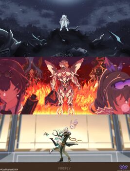 1boy 3girls absurdres aqua_skirt aqua_thighhighs blowing_bubble_gum caelus_(honkai:_star_rail) character_request chewing_gum firefly_(ar-26710)_(honkai:_star_rail) firefly_(honkai:_star_rail) grey_hair highres honkai:_star_rail honkai_(series) hug kafka_(honkai:_star_rail) multiple_girls sam_(honkai:_star_rail) silver_wolf_(honkai:_star_rail) skirt thevarnese thighhighs trailblazer_(honkai:_star_rail)