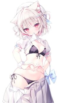 1girl animal_ear_fluff animal_ears beret black_bra black_panties blonde_hair blue_bow blue_bowtie blush bow bow_bra bowtie bra chinese_commentary closed_mouth clothes_in_mouth clothes_lift commentary commentary_request cowboy_shot english_commentary fish_hair_ornament frilled_sleeves frills front-tie_bra hair_ornament hairclip hat heart heart_hands highres lace lace_bra lace_panties lifting_own_clothes lingerie looking_at_viewer mixed-language_commentary mouth_hold navel open_clothes open_skirt original panties pleated_skirt red_eyes scrunchie shirt shirt_in_mouth shirt_lift short_hair short_sleeves side-tie_panties simple_background skirt sleeve_bow solo standing stomach underwear unworn_bowtie white_background white_hat white_scrunchie white_shirt white_skirt wispy_bangs wrist_scrunchie x_hair_ornament xuenai0404