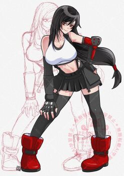 1girl bare_shoulders black_gloves black_hair black_skirt black_thighhighs boots breasts closed_mouth collarbone commentary crop_top earrings elbow_gloves final_fantasy final_fantasy_vii final_fantasy_vii_remake fingerless_gloves full_body gloves hand_on_own_hip hand_on_own_knee highres jewelry large_breasts long_hair looking_at_viewer low-tied_long_hair midriff miniskirt navel red_boots red_eyes shikiwo signature single_arm_guard skirt smile solo standing suspender_skirt suspenders tank_top thighhighs tifa_lockhart white_tank_top zettai_ryouiki