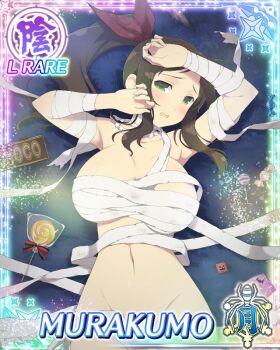 Rule 34 | 1girl, armpit crease, arms up, bandages, border, breasts, brown hair, candy, card (medium), character name, chocolate, chocolate bar, cleavage, food, game cg, green eyes, groin, hair ribbon, halloween, large breasts, long hair, looking at viewer, loose bandages, lying, murakumo (senran kagura), naked bandage, navel, official art, on back, open mouth, red ribbon, ribbon, senran kagura, senran kagura new wave, side ponytail, solo, tearing up, third-party source
