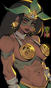 absurdres black_hair bra breasts commentary dark-skinned_female dark_skin earrings el_guapo_vs_the_narco_vampires english_commentary headdress highres jewelry large_breasts long_hair looking_at_viewer mature_female momia_mia_(el_guapo_vs_the_narco_vampires) red_eyes underwear ykshelter