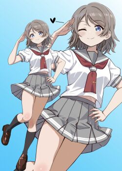 1girl arm_up blue_background blue_eyes breasts brown_hair gradient_background grey_hair grey_sailor_collar grey_skirt hand_on_own_hip hand_up heart highres kneehighs loafers love_live! love_live!_sunshine!! medium_breasts midriff midriff_peek multiple_views necktie one_eye_closed pleated_skirt red_necktie sailor_collar salute school_uniform serafuku shoes short_hair short_sleeves simple_background skirt sleeve_cuffs smile socks striped_clothes summer_uniform thighs tie_clip uranohoshi_school_uniform watanabe_you wavy_hair white_background zaofeng