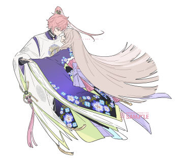 1boy 1girl anchun_(quail0503) blue_eyes blue_flower blunt_bangs brown_hair character_request closed_mouth copyright_request couple floral_print flower hetero high_ponytail highres holding_hands layered_sleeves long_hair long_sleeves looking_at_another pink_hair ponytail profile purple_flower sample_watermark simple_background smile tassel watermark white_background wide_sleeves yellow_eyes