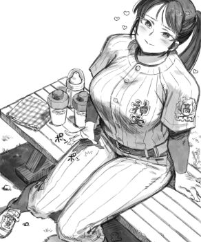 Rule 34 | 1girl, baby bottle, baseball jersey, baseball uniform, belt, bottle, breasts, closed mouth, coach, commentary request, enim0chi, foot out of frame, grass, greyscale, heart, highres, jersey, lap pillow invitation, large breasts, layered sleeves, long hair, long sleeves, monochrome, on bench, pants, patting lap, ponytail, print shirt, raised inner eyebrows, sankyuu pitch, shirt, shirt tucked in, shoes, short over long sleeves, short sleeves, sitting, smile, sneakers, socks, socks over pants, solo, sportswear, striped clothes, striped pants, striped shirt, todoroki ikuko, vertical-striped clothes, vertical-striped pants, vertical-striped shirt