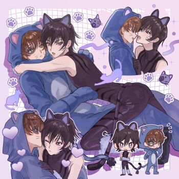 2boys animal_costume animal_ears arms_around_neck black_hair black_shirt brown_hair cat_boy cat_ears cat_tail chibi chibi_inset closed_eyes code_geass crossed_arms facial_mark green_eyes grid_background highres intertwined_tails kemonomimi_mode kiss kissing_hand kururugi_suzaku lelouch_vi_britannia male_focus multiple_boys one_eye_closed open_mouth paw_print purple_eyes shirt sleeveless sleeveless_shirt tail whisker_markings yaoi yorusl