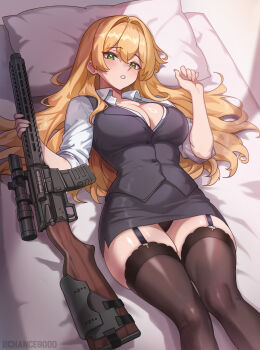 1girl absurdres black_panties black_thighhighs blonde_hair blush breasts chance8000 cleavage commentary commission english_commentary fightlite_scr garter_straps green_eyes gun highres large_breasts long_hair looking_at_viewer lying magazine_(weapon) office_lady on_back on_bed original panties pantyshot parted_lips pencil_skirt pillow rifle scope skirt solo thighhighs underwear weapon