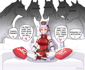 1girl animal_ears boots breasts brown_hat censored censored_identity couch dress english_text gloves gold_ship_(racehorse) gold_ship_(red_strife)_(umamusume) gold_ship_(umamusume) grey_hair grin hat heart horse horse_ears horse_girl large_breasts long_hair looking_at_viewer meme on_couch pantyhose piper_perri_surrounded_(meme) purple_eyes red_dress rezodwel sitting sleeveless sleeveless_dress smile solo_focus speech_bubble umamusume white_boots white_gloves white_pantyhose