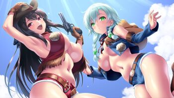 2girls :d alternate_breast_size_(larger) alternate_costume ao_no_kanata_no_four_rhythm aqua_hair arm_up armpits bare_shoulders belt black_hair black_ribbon blue_shorts blue_sky blue_vest blush braid breasts brown_belt cat_hair_ornament cloud commentary_request commission cowboy_hat cowboy_shot cowgirl_(western) curvy cutoffs day denim denim_shorts detached_sleeves dutch_angle floating_hair fringe_trim from_below green_eyes gun hair_between_eyes hair_ornament hair_ribbon hand_on_headwear hand_up handgun happy hat highres holding holding_gun holding_weapon inui_saki large_breasts long_hair long_sleeves looking_at_viewer low_twin_braids medium_hair multiple_girls navel no_bra open_clothes open_mouth open_vest outdoors parted_lips red_eyes red_shorts red_vest ribbon second-party_source shiny_skin short_shorts shorts sidelocks skeb_commission sky smile stomach sunlight sweat teeth thighs tobisawa_misaki twin_braids upper_teeth_only very_long_hair vest weapon wide_sleeves x_hair_ornament zen_(kamuro)