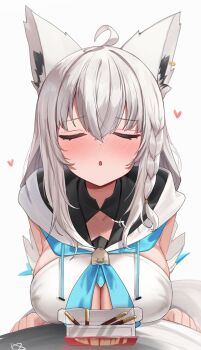 1girl absurdres ahoge animal_ear_fluff animal_ear_piercing animal_ears blue_neckerchief blush braid breasts cleavage commentary detached_sleeves double-parted_bangs facing_viewer food fox_ears fox_girl fox_tail hair_between_eyes heart highres hololive hood hooded_vest hoodie large_breasts long_hair neckerchief nose_blush open_mouth pentagram pocky pocky_day shirakami_fubuki shirakami_fubuki_(1st_costume) side_braid simple_background single_braid solo tail upper_body vest virtual_youtuber white_background white_hair white_sleeves white_vest woogi_(duguddnr)
