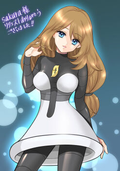 1girl blonde_hair blue_eyes breasts cosplay dress highres logo long_hair long_sleeves looking_at_viewer mars_(pokemon) mars_(pokemon)_(cosplay) maskmaya1 nintendo open_mouth pokemon pokemon_dppt pokemon_xy serena_(pokemon) skirt smile solo team_galactic team_galactic_uniform thighhighs