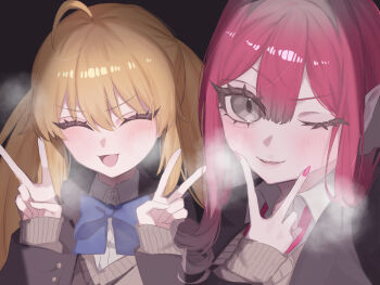 2girls 590kogure590 ahoge artoria_caster_(fate) artoria_pendragon_(fate) baobhan_sith_(fate) black_jacket blonde_hair blush bow bowtie breasts brown_sweater closed_eyes collared_shirt fate/grand_order fate_(series) grey_eyes highres jacket long_hair long_sleeves looking_at_viewer medium_breasts multiple_girls one_eye_closed open_mouth pink_hair pointy_ears school_uniform shirt sidelocks small_breasts smile sweater twintails white_shirt