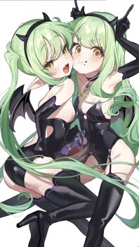 adjusting_clothes adjusting_leotard armpits arms_up ass bare_shoulders black_boots black_gloves black_leotard black_thighhighs blue_archive boots breasts demon_girl demon_wings eating elbow_gloves face-to-face fake_horns fang food food_on_face gloves green_hair groin hairband halloween high_heel_boots high_heels highleg highleg_leotard highres hikari_(blue_archive) horned_headwear horns horns_pose leg_up leotard long_hair looking_at_viewer nozomi_(blue_archive) onakkasuita open_mouth pointy_ears siblings sideboob sisters small_breasts standing standing_on_one_leg strapless strapless_leotard thigh_boots thighhighs thighs twins twintails very_long_hair wings yellow_eyes