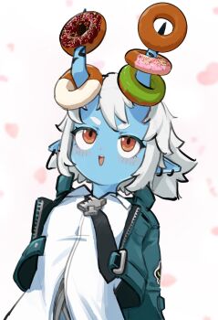 absurdres akaika_(aka) blue_skin colored_skin donut food highres horns jacket necktie oni pointy_ears red_eyes shirt short_hair sidelocks smile soukaku_(zenless_zone_zero) white_background white_hair white_shirt zenless_zone_zero