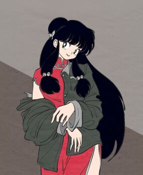 Rule 34 | 1girl, bell, china dress, chinese clothes, double bun, dress, hair bell, hair bun, hair ornament, highres, long hair, looking at viewer, luuxiriver, ranma 1/2, shampoo (ranma 1/2), sidelocks, smile, solo