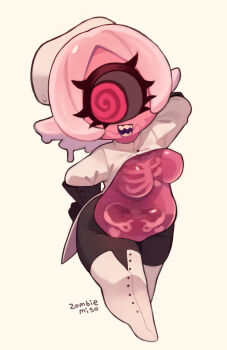 1girl :d @_@ black_gloves black_pantyhose black_sclera bone boots breasts colored_sclera colored_skin commentary_request curvy cyclops english_text gloves hat highres medium_breasts monster_girl no_nipples no_pupils nurse_cap one-eyed open_mouth original pantyhose pear-shaped_figure plump red_eyes red_skin ribs sharp_teeth shirt simple_background skull slime_(creature) slime_(substance) slime_girl smile solo standing stomach teeth thigh_boots white_boots white_hair white_shirt yellow_background zombiemiso