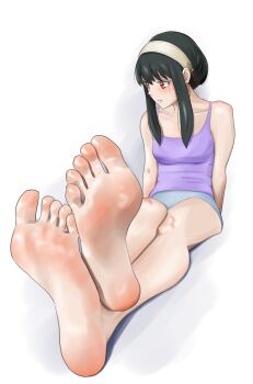 1girl absurdres barefoot black_hair feet hairband highres light_blush long_hair looking_to_the_side red_eyes shirow_(mha03133) soles spy_x_family toes yor_briar