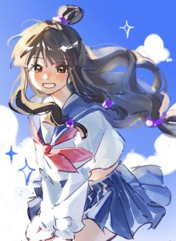 1girl ace_attorney alternate_costume ascot black_hair blue_sailor_collar blue_skirt blue_sky brown_eyes cloud grin hair_ornament hashtag-only_commentary highres long_hair long_sidelocks looking_at_viewer low-tied_long_hair low-tied_sidelocks mashu_mianbao maya_fey miniskirt pleated_skirt red_ascot ring_hair_ornament sailor_collar school_uniform shirt sidelocks skirt sky smile solo sphere_hair_ornament topknot white_shirt