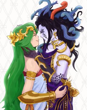 Rule 34 | 2girls, absurdres, ancient greek clothes, armlet, artist name, ayarain, bare shoulders, black hair, blue eyes, breasts, chiton, cleavage, colored skin, commentary, dress, earrings, english commentary, facial mark, greco-roman clothes, green eyes, green hair, hair ornament, hand on another's hip, hand on another's neck, happy valentine, highres, jewelry, kid icarus, kid icarus uprising, light blush, long hair, looking at another, medusa (kid icarus), multiple girls, neck ring, nintendo, palutena, purple robe, robe, scales, sideboob, smile, snake hair, strapless, strapless dress, valentine, vambraces, very long hair, white background, white dress, yuri