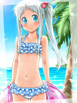 1girl ano_hi_mita_hana_no_namae_wo_bokutachi_wa_mada_shiranai. beach bikini blue_eyes blush commentary_request flat_chest flower frilled_bikini frills grey_hair hair_flower hair_ornament highres honma_meiko horizon innertube long_hair looking_at_viewer navel ocean punto side_ponytail smile solo swim_ring swimsuit
