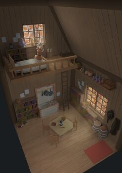 1girl absurdres arms_up basket bed black_hat black_robe blue_gemstone blue_hair book book_stack bookshelf box brick cabinet chair chest_(furniture) crate crystal fantasy frying_pan gem halloween hat highres icetea_art indoors isometric jewelry ladder lantern long_hair necklace on_bed original paper pillow plant ponytail potion potted_plant pumpkin robe rug scenery sitting smile solo spatula table treasure_chest tree tying_hair window witch witch_hat wooden_chair wooden_floor