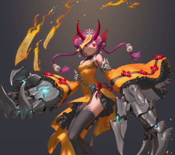 1girl absurdres bare_shoulders bell black_panties black_thighhighs blue_gem braid burning claw_(weapon) cleavage_cutout closed_mouth clothing_cutout cropped detached_sleeves diamond_cutout double_bun earrings embers feather_hair_ornament feathers fire flower frilled_sleeves frills g.h_(dkxlek) garter_straps gem glowing grey_background hair_bell hair_bun hair_flower hair_ornament highres horn_ornament horn_ribbon horns huge_weapon jewelry jiangshi jingle_bell long_hair looking_at_viewer mechanical ofuda original panties purple_hair red_eyes red_flower red_horns red_ribbon ribbon solo talisman thighhighs twintails underwear weapon wide_sleeves