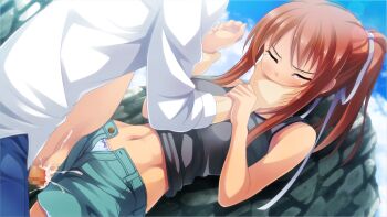 1boy 1girl angry arm_grab bare_shoulders blue_panties breasts brown_hair censored closed_eyes clothed_sex clothing_aside cloud crying cum cum_in_pussy dutch_angle gag game_cg guilty guilty_(company) hair_ornament hair_ribbon hand_over_mouth hetero high_ponytail improvised_gag long_hair medium_breasts momose_maki mosaic_censoring navel outdoors cum_overflow panties panties_aside panty_peek penis ponytail purple_ribbon pussy rape restrained ribbon sex shorts shorts_aside sidelocks sky spread_legs tears tegome_ni_sareru_kyuunin_no_otome underwear vaginal