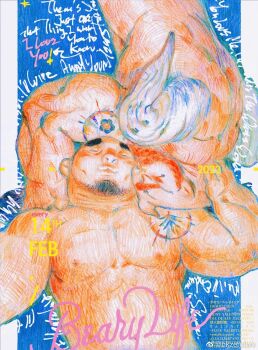 2boys abs afterglow bald bara bk_zerotwo cheekbones couple cuddling english_text facial_hair goatee_stubble heads_together highres huge_eyebrows large_pectorals lips lying male_focus monster_boy multiple_boys muscular muscular_male nipples nude on_back original pectorals rotational_symmetry strongman_waist stubble upper_body valentine white_wings wings yaoi