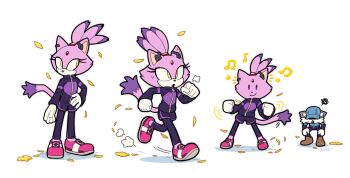 1boy 1girl alotaart animal_ears artist_name blaze_the_cat cat_ears cat_girl cat_tail forehead_jewel furry furry_female furry_male gardon_(sonic) gloves hand_on_own_hip highres jogging koala_boy multiple_views musical_note pink_shoes ponytail purple_fur shoes smile sonic_(series) sportswear tail white_gloves yellow_eyes