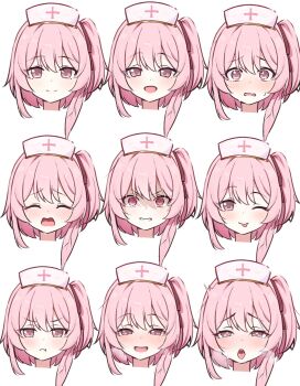1girl :d :t ;p angry blue_archive blush clenched_teeth closed_mouth commentary_request cropped_head crying feather_hair hair_ribbon haluka_o0 hat heart heart-shaped_pupils highres looking_at_viewer medium_hair naughty_face nurse_cap one_eye_closed open_mouth pink_eyes pink_hair pout red_ribbon ribbon saliva seductive_smile serina_(blue_archive) shaded_face side_ponytail simple_background smile steam straight-on sweatdrop symbol-shaped_pupils teeth tongue tongue_out v-shaped_eyebrows variations white_background