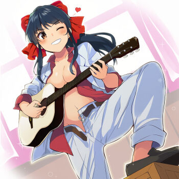 1girl alternate_costume blue_hair blush breasts brown_eyes grin guitar hair_between_eyes hair_ribbon heart highres instrument large_breasts legs long_hair music navel no_bra no_panties one_eye_closed open_clothes open_shirt pants playing_instrument ponytail ribbon sakura_taisen sega shinguuji_sakura smile solo teeth thighs unbuttoned unbuttoned_pants unzipped wink