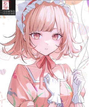 Rule 34 | 1girl, as4 s2, breasts, brown hair, commentary request, danganronpa (series), danganronpa 2: goodbye despair, dress, gloves, hands up, headdress, holding, korean commentary, large breasts, medium hair, nanami chiaki, neck ribbon, pink dress, pink ribbon, ribbon, solo, teeth, unfinished, upper body, white gloves