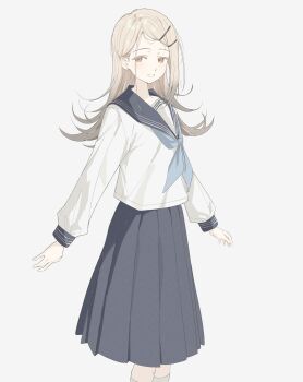 1girl aru_(purepur8) black_sailor_collar black_skirt blonde_hair blue_neckerchief earrings feet_out_of_frame flipped_hair from_side gakuen_idolmaster gradient_hair grey_hair hair_ornament hairclip hatsuboshi_gakuen_school_uniform highres idolmaster jewelry kneehighs long_hair long_skirt long_sleeves looking_to_the_side multicolored_hair neckerchief open_mouth orange_eyes parallel_hairclips parted_bangs pleated_skirt sailor_collar school_uniform serafuku shinosawa_hiro shirt simple_background skirt smile socks solo standing stud_earrings white_background white_shirt white_socks