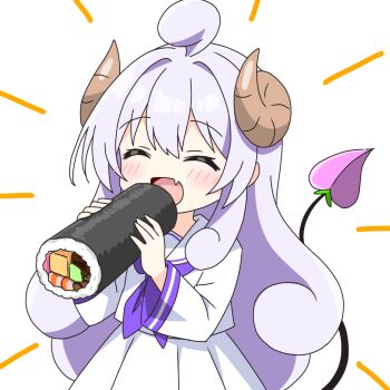 1girl :d ^_^ ahoge blush brown_horns closed_eyes commentary_request cowboy_shot curled_horns curly_hair demon_girl demon_horns demon_tail ehoumaki food holding holding_food horns kotatsu-mazoku lilith_(homunculus)_(machikado_mazoku) lilith_(machikado_mazoku) long_hair machikado_mazoku makizushi neckerchief open_mouth pleated_skirt purple_hair purple_neckerchief sailor_collar school_uniform serafuku shirt sidelocks simple_background skirt smile solo sushi tail white_background white_sailor_collar white_shirt white_skirt
