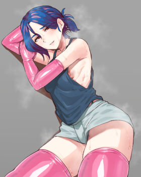 1boy blue_hair blue_tank_top commentary elbow_gloves feminization gloves gquuuuuux gundam gundam_gquuuuuux male_focus nipple_slip nipples pink_thighhighs red_eyes short_shorts shorts steaming_body sweat tank_top thighhighs yonyon_(yotayota_honpo)