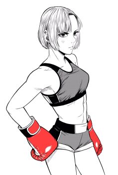 1girl abs asymmetrical_bangs boxing_gloves breasts commentary_request contrapposto cowboy_shot gloves greyscale hand_on_own_hip highres lee_(dragon_garou) linea_alba medium_breasts monochrome original red_gloves short_hair short_shorts shorts solo sports_bra spot_color