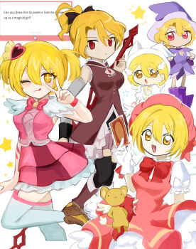 1girl :3 :d alternate_costume black_bow black_thighhighs blonde_hair blush bob_cut bow bowtie card cardcaptor_sakura chibi chibi_inset closed_mouth commentary_request cosplay cross-shaped_pupils detached_sleeves don_quixote_(project_moon) dot_nose dress english_text frilled_dress frills garter_straps gloves hair_between_eyes hair_bow hair_ornament hands_on_own_hips hat heart heart_hair_ornament highres holding holding_card kero_(cardcaptor_sakura) kinomoto_sakura kinomoto_sakura_(cosplay) kinomoto_sakura_(magician) limbus_company lobotomy_corporation looking_at_viewer magical_girl mahou_shoujo_madoka_magica makihatayama_hana makihatayama_hana_(cosplay) marshmallow_(site) mob_cap multiple_girls multiple_views ojamajo_doremi open_mouth orange_eyes pink_dress pink_garter_straps pink_skirt pink_vest polearm ponytail project_moon puffy_sleeves red_bow red_bowtie red_eyes ro/ku sakura_kyoko sakura_kyoko_(cosplay) sakura_kyoko_(magical_girl) sancho_(project_moon) segawa_onpu segawa_onpu_(cosplay) shoes short_ponytail short_twintails simple_background skirt smile spear star_(symbol) symbol-shaped_pupils thighhighs tongue tongue_out twintails v v_over_eye vest wavy_hair weapon white_background white_gloves white_hat white_thighhighs white_wings wings witch_hat