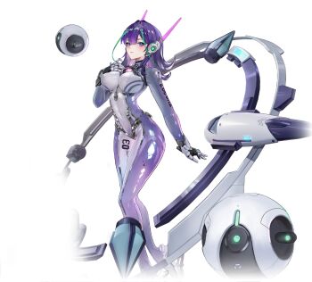 1girl aqua_hair blush bodysuit breasts covered_erect_nipples covered_navel floating floating_object full_body green_hair grey_bodysuit hand_on_own_chest headgear impossible_bodysuit impossible_clothes iva_(starward) large_breasts long_hair looking_at_viewer mecha_musume mechanical_arms medium_hair multicolored_hair official_art purple_bodysuit purple_eyes purple_hair science_fiction shiny_clothes skin_tight solo standing starward streaked_hair transparent_background two-tone_hair white_background white_bodysuit