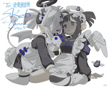 2girls @_@ apron armband bandage_over_one_eye black_dress black_hair black_halo black_sailor_collar black_shirt blue_armband blue_eyes blue_mouth blue_neckerchief commentary_request commission demon_girl demon_tail demon_wings dress full_body gauze gauze_on_cheek gauze_on_face grey_eyes halo heterochromia highres koshiki_shin looking_at_another medium_hair multiple_girls neckerchief open_mouth original patchwork_clothes sailor_collar sharp_teeth shirt sidelocks simple_background sitting skeb_commission smile tail tears teeth thighhighs waist_apron wariza white_apron white_background white_hair white_halo white_thighhighs wings