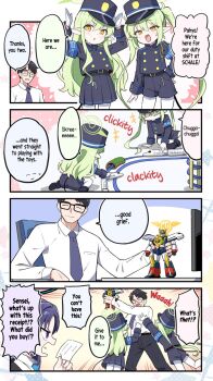 1boy 3girls blue_archive chair closed_eyes comic desk earrings english_translation glasses gloves green_hair halo hat highres hikari_(blue_archive) jewelry kneeling leggings long_hair long_sleeves mecha might_gaine model_train monitor multi-track_drifting_(meme) multiple_girls necktie nozomi_(blue_archive) orange_eyes pointy_ears purple_eyes purple_hair receipt robot sensei_(blue_archive) shinkansen shirt siblings skirt tail toy train twins twintails uniform whistle white_leggings yuuka_(blue_archive) yuuma_(skirthike) yuusha_series yuusha_tokkyuu_might_gaine