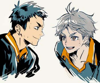 2boys azumane_asahi black_hair brown_eyes collared_shirt grey_hair haikyuu!! hashtag-only_commentary highres karasuno_volleyball_uniform male_focus mole mole_under_eye momoyoru1 multiple_boys shirt short_hair sideburns simple_background smile sportswear sugawara_koushi sweat upper_body volleyball_uniform white_background